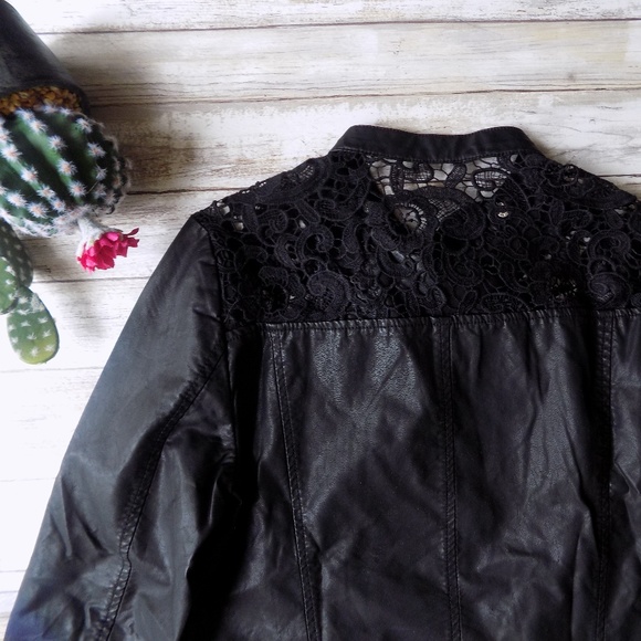 Large Vegan Leather Jacket Lace Crochet Moto Motorcycle Utility Anorak - Picture 2 of 4